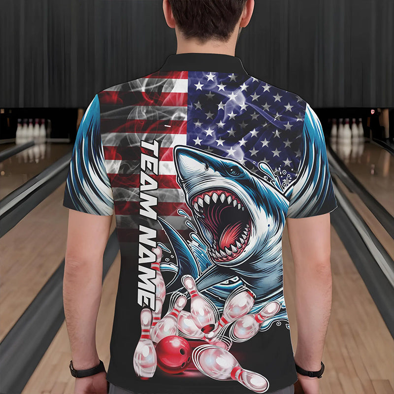Smoke American Flag Shark Bowling Polo, 1/4 Zip Shirts for Men Custom patriotic Team Bowling jerseys NQS9671