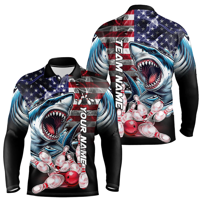 Smoke American Flag Shark Bowling Polo, 1/4 Zip Shirts for Men Custom patriotic Team Bowling jerseys NQS9671
