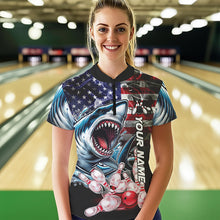 Load image into Gallery viewer, Smoke American Flag Shark Bowling Polo, 1/4 Zip Shirts for Women Custom patriotic Team Bowling jerseys NQS9671