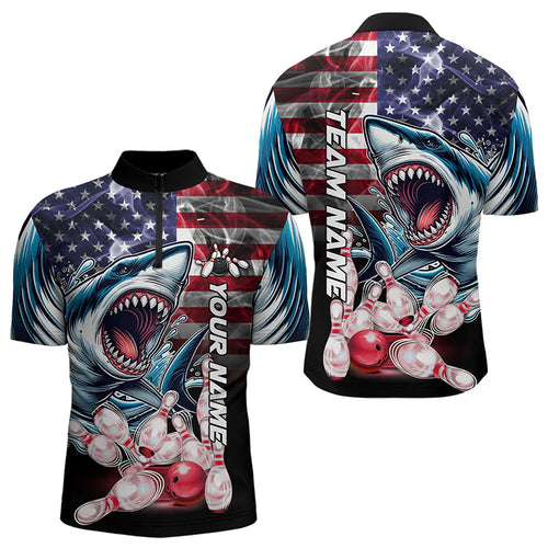Smoke American Flag Shark Bowling Polo, 1/4 Zip Shirts for Men Custom patriotic Team Bowling jerseys NQS9671