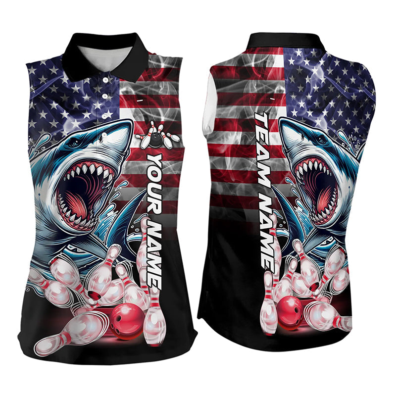 Smoke American Flag Shark Bowling Sleeveless Polo Shirt Custom patriotic Team Bowling jerseys NQS9671