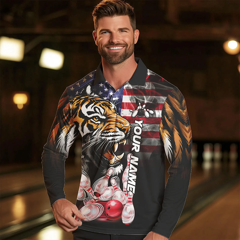 Smoke American Flag Tiger Bowling Polo, 1/4 Zip Shirts for Men Custom patriotic Team Bowling jerseys NQS9672