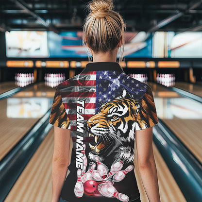Smoke American Flag Tiger Bowling Polo, 1/4 Zip Shirts for Women Custom patriotic Team Bowling jerseys NQS9672