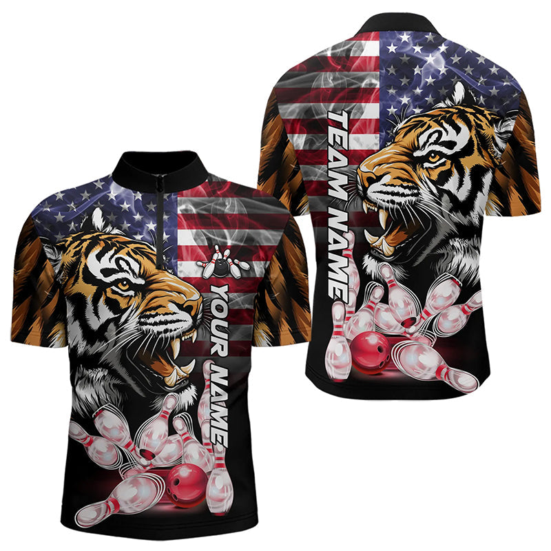 Smoke American Flag Tiger Bowling Polo, 1/4 Zip Shirts for Men Custom patriotic Team Bowling jerseys NQS9672