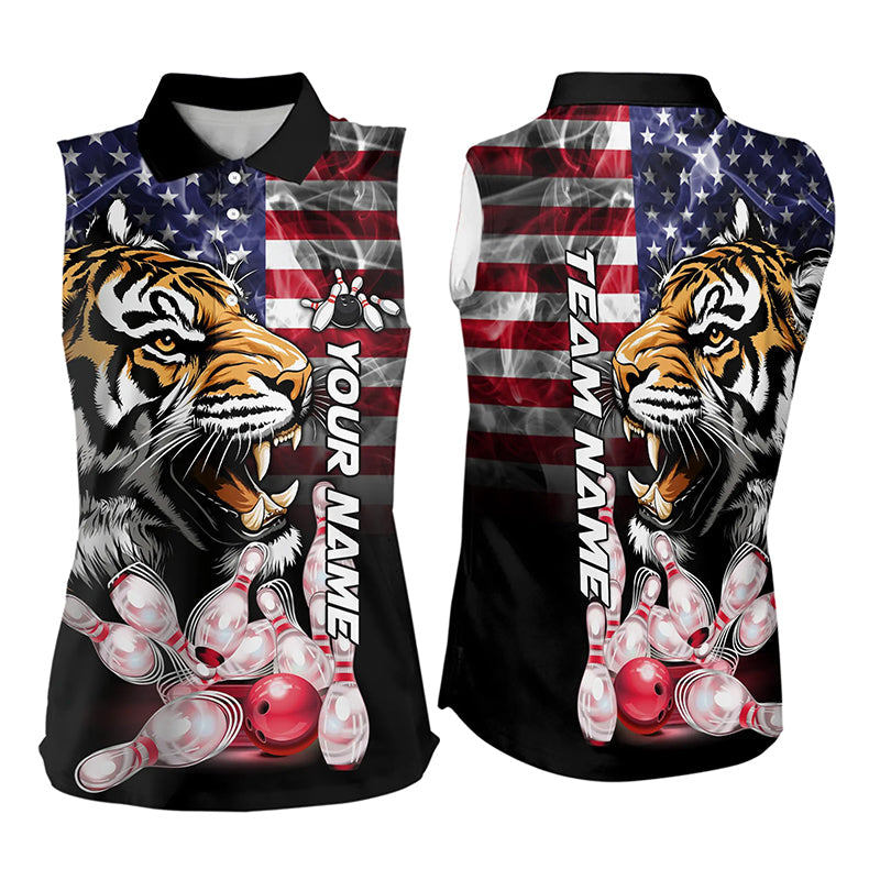 Smoke American Flag Tiger Bowling Sleeveless Polo Shirt Custom patriotic Team Bowling jerseys NQS9672