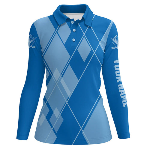 Blue argyle pattern custom Womens golf polo shirts, ladies golf tops golfing gifts NQS7609