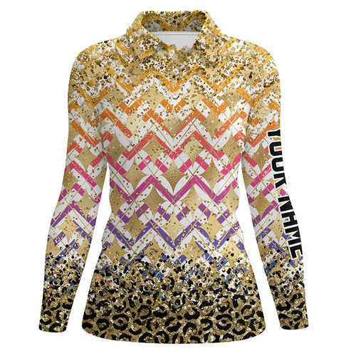 Yellow glitter leopard pattern Women golf polo shirts custom team ladies golf top NQS7814
