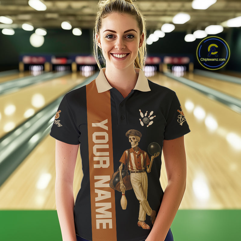 Black and Brown Skull Retro Bowling Polo, Quarter Zip Shirts For Women Custom Team Bowling Jersey NQS10859