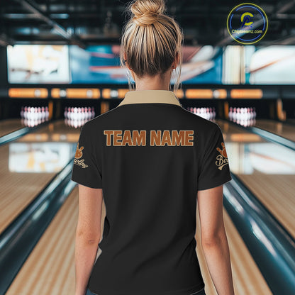 Black and Brown Skull Retro Bowling Polo, Quarter Zip Shirts For Women Custom Team Bowling Jersey NQS10859