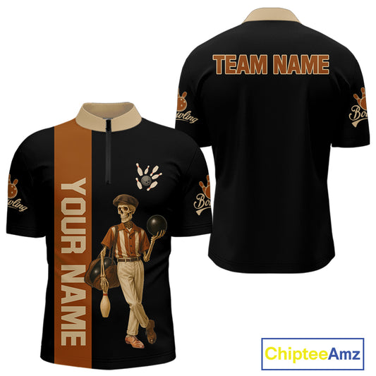 Black and Brown Skull Retro Bowling Polo, Quarter Zip Shirts For Men Custom Team Bowling Jersey NQS10859