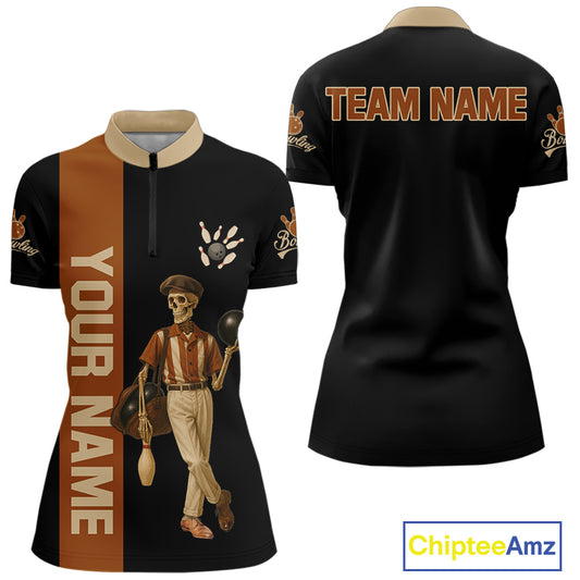 Black and Brown Skull Retro Bowling Polo, Quarter Zip Shirts For Women Custom Team Bowling Jersey NQS10859