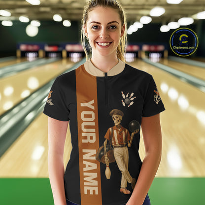 Black and Brown Skull Retro Bowling Polo, Quarter Zip Shirts For Women Custom Team Bowling Jersey NQS10859
