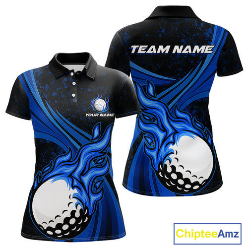 Black & Blue Golf ball Flame Golf Polo Shirts For Women Custom ladies's golf clothing, best golf gift NQS10864