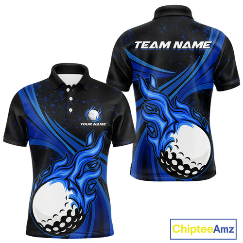 Black and Blue Golf ball Flame Golf Polo Shirts For Men Custom men's golf clothing, best golf gifts NQS10864