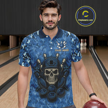 Load image into Gallery viewer, Blue Camo American Flag Veteran Skull Bowling Shirts For Men Custom patriotic Bowling Team Jerseys NQS11047