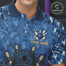 Load image into Gallery viewer, Blue Camo American Flag Veteran Skull Bowling Shirts For Men Custom patriotic Bowling Team Jerseys NQS11047