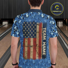 Load image into Gallery viewer, Blue Camo American Flag Veteran Skull Bowling Shirts For Men Custom patriotic Bowling Team Jerseys NQS11047