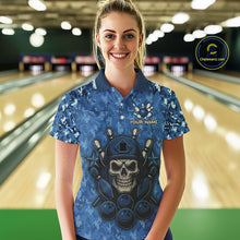 Load image into Gallery viewer, Blue Camo American Flag Veteran Skull Bowling Shirts For Women Custom patriotic Bowling Team Jerseys NQS11047