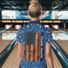 Load image into Gallery viewer, Blue Camo American Flag Veteran Skull Bowling Shirts For Women Custom patriotic Bowling Team Jerseys NQS11047