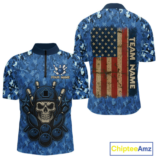 Blue Camo American Flag Veteran Skull Bowling Shirts For Men Custom patriotic Bowling Team Jerseys NQS11047
