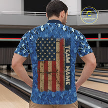 Load image into Gallery viewer, Blue Camo American Flag Veteran Skull Bowling Shirts For Men Custom patriotic Bowling Team Jerseys NQS11047