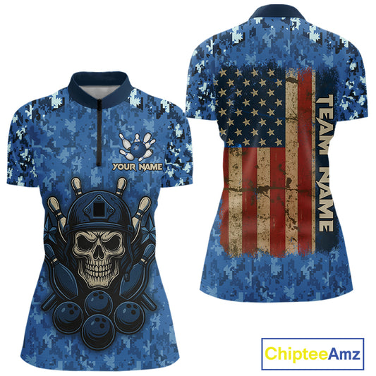 Blue Camo American Flag Veteran Skull Bowling Shirts For Women Custom patriotic Bowling Team Jerseys NQS11047