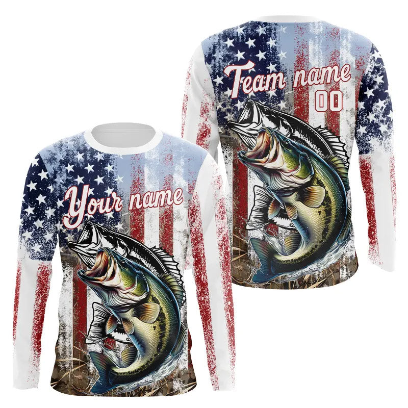 Largemouth Bass Fishing American Flag UV Protection Fishing Shirt Custom Patriotic Bass Fishing Jersey NQS9160