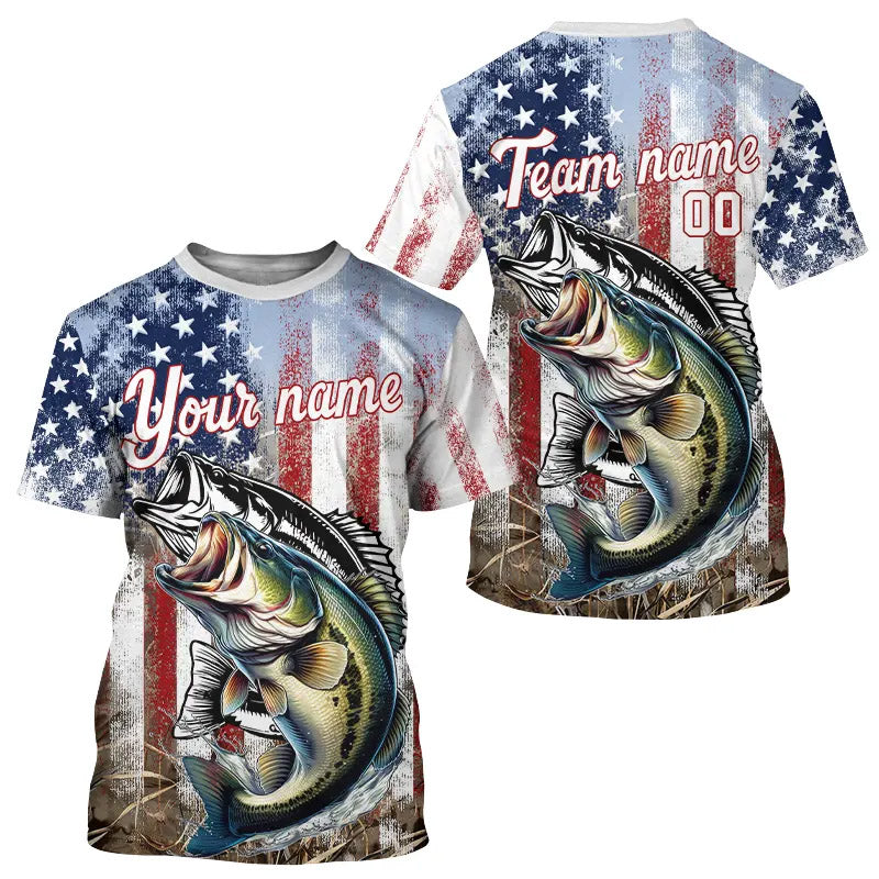 Largemouth Bass Fishing American Flag UV Protection Fishing Shirt Custom Patriotic Bass Fishing Jersey NQS9160