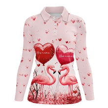 Load image into Gallery viewer, Pink Glitter Flamingo Heart Theme Women golf polo shirt custom Valentines golf tops gift for her NQS9367