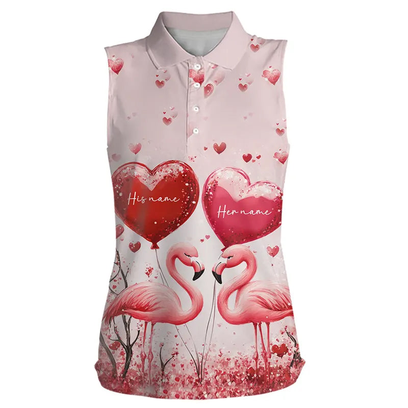 Pink Glitter Flamingo Heart Theme Women sleeveless polo shirt custom Valentines golf tops gift for her NQS9367