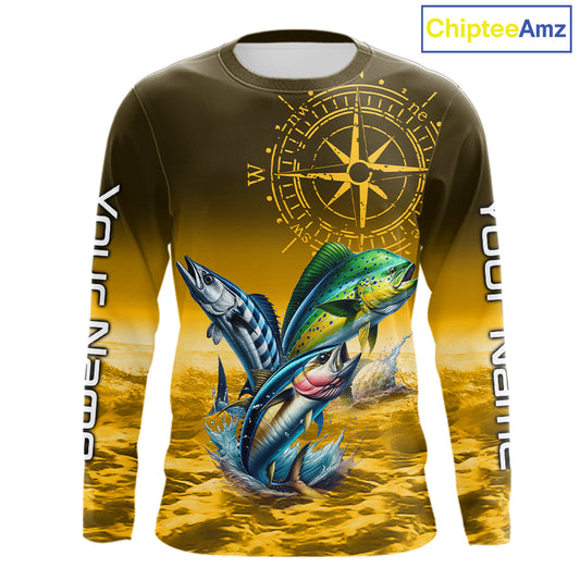 Custom Mahi Mahi, Wahoo, Tuna Yellow Performance Fishing Shirt, Compass Offshore Tournament Shirts NQS11438