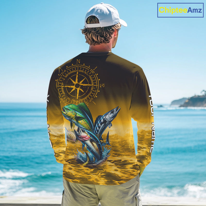 Custom Mahi Mahi, Wahoo, Tuna Yellow Performance Fishing Shirt, Compass Offshore Tournament Shirts NQS11438