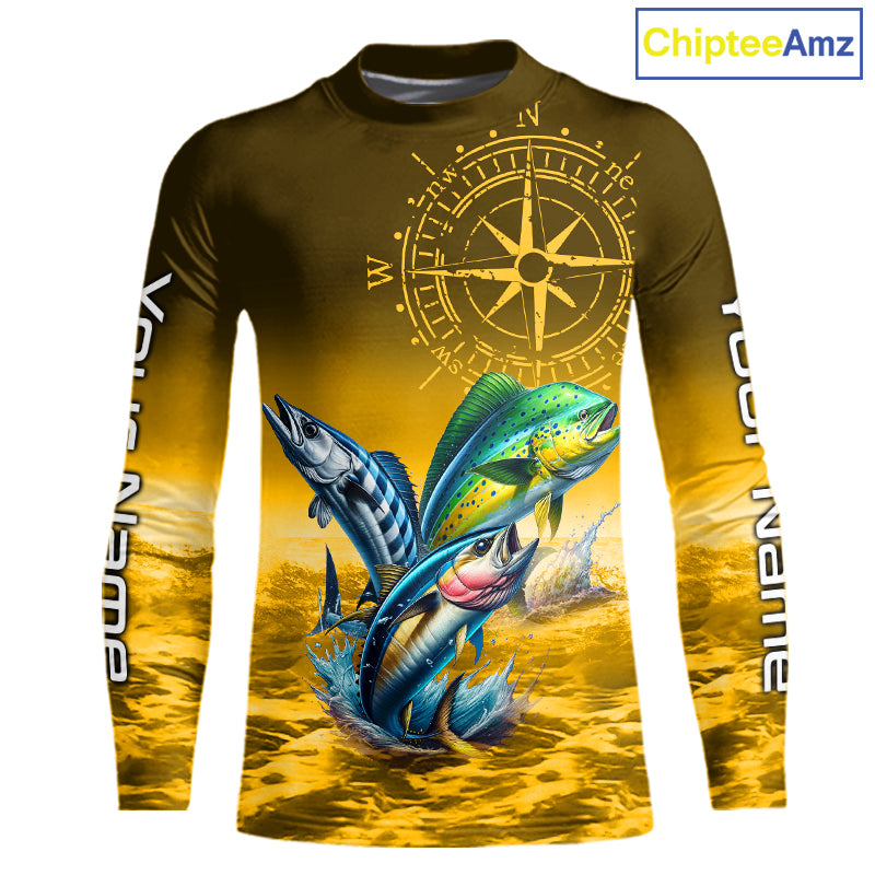 Custom Mahi Mahi, Wahoo, Tuna Yellow Performance Fishing Shirt, Compass Offshore Tournament Shirts NQS11438