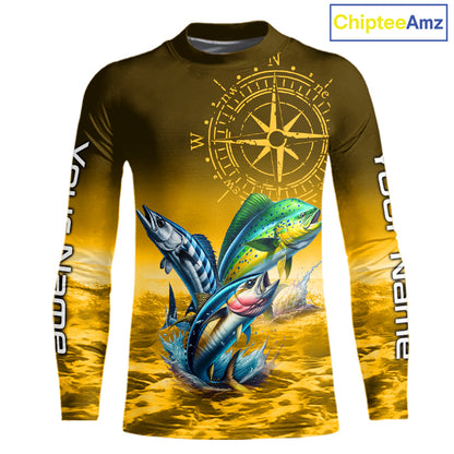 Custom Mahi Mahi, Wahoo, Tuna Yellow Performance Fishing Shirt, Compass Offshore Tournament Shirts NQS11438