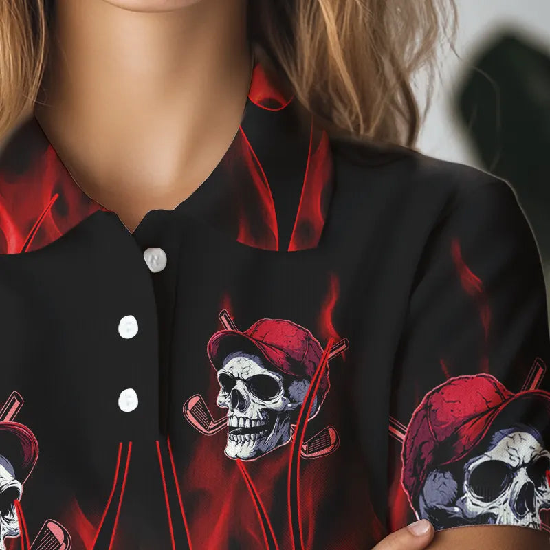 Red Flame Skull Women golf polo shirts custom skull fire golf apparel for ladies NQS9515