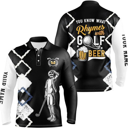 Funny golf skull polo shirts you know what rhymes with golf beer custom black golf performance shirts NQS7616