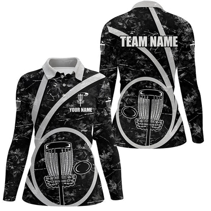 Womens disc golf polo shirt custom name black camo disc golf basket personalized disc golf shirt NQS8701