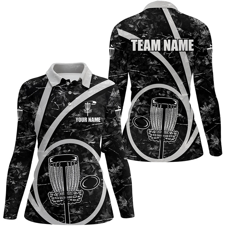 Womens disc golf polo shirt custom name black camo disc golf basket personalized disc golf shirt NQS8701