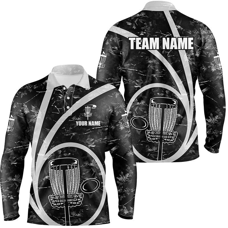 Mens disc golf polo shirt custom team name black camo disc golf basket personalized disc golf shirt NQS8701
