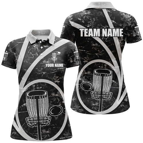 Womens disc golf polo shirt custom name black camo disc golf basket personalized disc golf shirt NQS8701