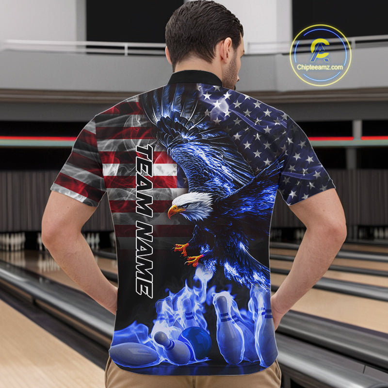 Smoke American Flag Eagle Blue Flame Bowling Shirts for Men Custom patriotic Team Bowling jerseys NQS10868