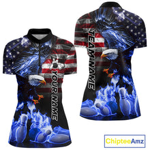 Load image into Gallery viewer, Smoke American Flag Eagle Blue Flame Bowling Shirts for Women Custom patriotic Team Bowling jerseys NQS10868