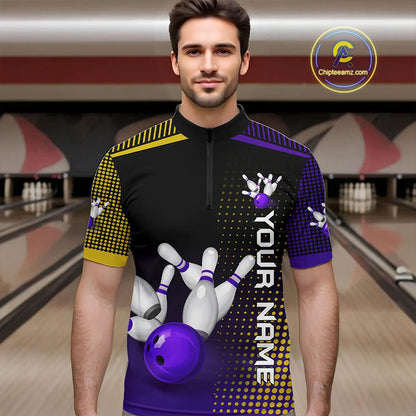 Yellow and Purple pattern Bowling shirts For Men Custom Team Bowling Jerseys, Gift For Bowler NQS11242