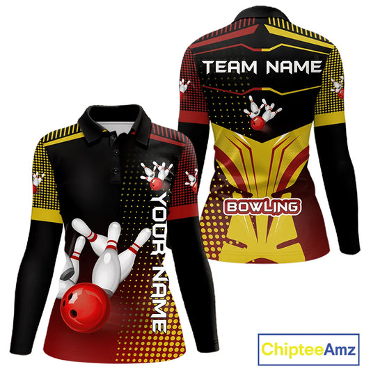 Yellow and Red pattern Bowling shirts For Women Custom Team Bowling Jerseys, Gift For Bowler NQS11243
