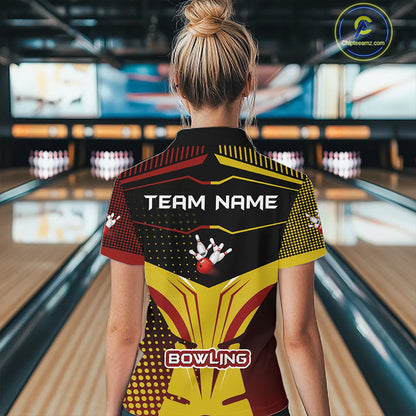 Yellow and Red pattern Bowling shirts For Women Custom Team Bowling Jerseys, Gift For Bowler NQS11243