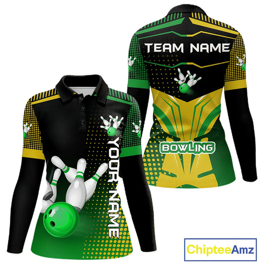 Yellow and Green pattern Bowling shirts For Women Custom Team Bowling Jerseys, Gift For Bowler NQS11244