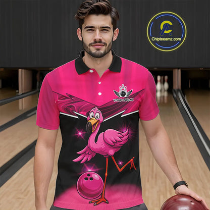 Funny Pink Flamingo Bowling Polo, 1/4 zip shirts for Men Custom Flamingo Team bowling outfit NQS11248