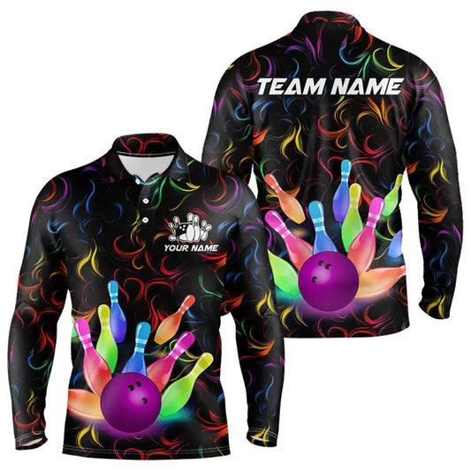 Colorful Neon Flame pattern Bowling Shirts For Men Custom Bowling Team Jerseys, Gift For Bowler NQS9374