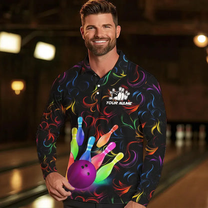 Colorful Neon Flame pattern Bowling Shirts For Men Custom Bowling Team Jerseys, Gift For Bowler NQS9374