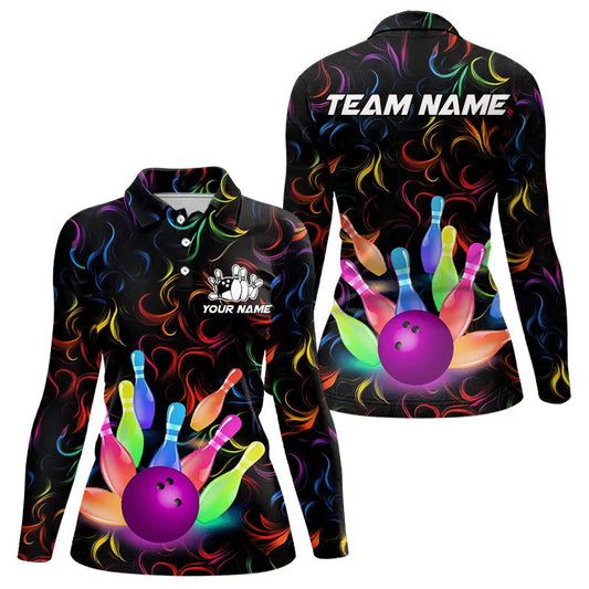 Colorful Neon Flame pattern Bowling Shirts For Women Custom Bowling Team Jerseys, Gift For Bowler NQS9374